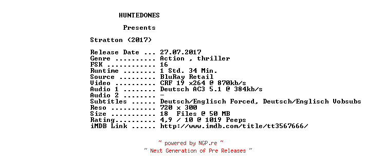 NFO for the release Stratton.German.2017.AC3.BDRip.x264-HUNTEDONES by HUNTEDONES