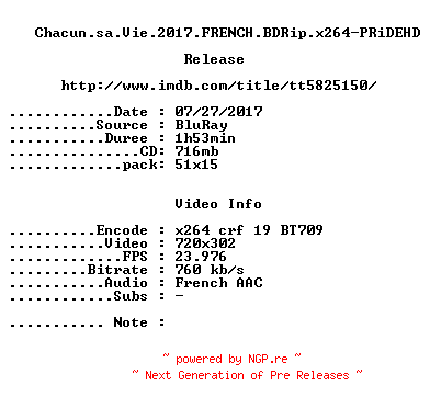 NFO for the release Chacun.sa.Vie.2017.FRENCH.BDRip.x264-PRiDEHD by PRiDEHD