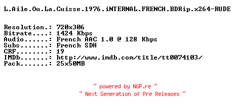 NFO for the release L.Aile.Ou.La.Cuisse.1976.iNTERNAL.FRENCH.BDRip.x264-RUDE by RUDE