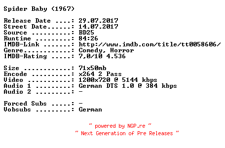NFO for the release Spider.Baby.1967.German.720p.BluRay.x264-SPiCY by SPiCY