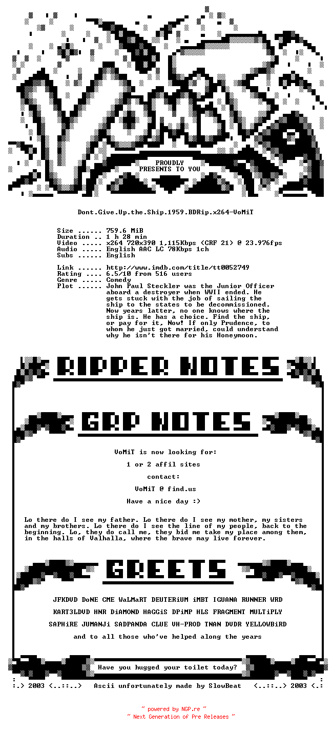 NFO for the release Dont.Give.Up.the.Ship.1959.BDRip.x264-VoMiT by VoMiT