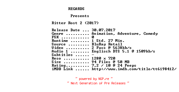 NFO for the release Ritter.Rost.2.2017.DUBBED.720p.BluRay.x264-REGARDS by REGARDS