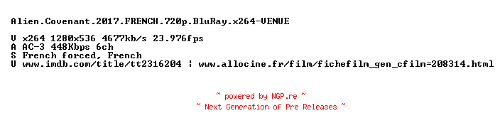 NFO for the release Alien.Covenant.2017.FRENCH.720p.BluRay.x264-VENUE by VENUE