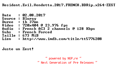NFO for the release Resident.Evil.Vendetta.2017.FRENCH.BDRip.x264-ZEST by ZEST
