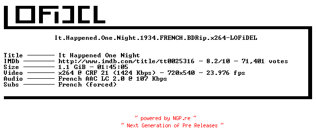 NFO for the release It.Happened.One.Night.1934.FRENCH.BDRip.x264-LOFiDEL by LOFiDEL