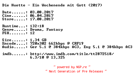 NFO for the release Die.Huette.-.Ein.Wochenende.mit.Gott.German.2017.DL.BDRiP.x264-CiNEViSiON by CiNEViSiON