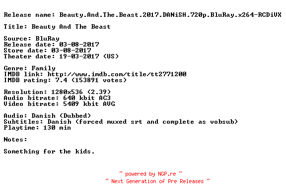 NFO for the release Beauty.And.The.Beast.2017.DANiSH.720p.BluRay.x264-RCDiVX by RCDiVX
