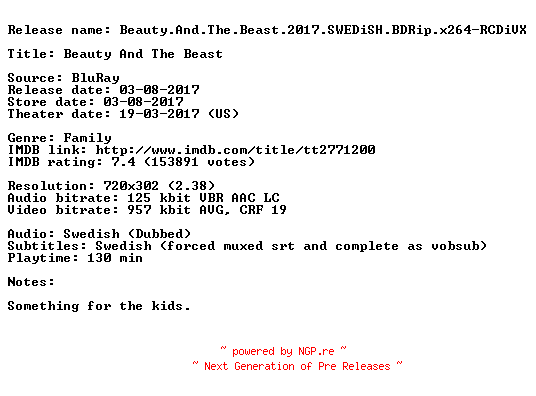 NFO for the release Beauty.And.The.Beast.2017.SWEDiSH.BDRip.x264-RCDiVX by RCDiVX
