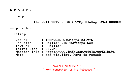 NFO for the release The.Wall.2017.REPACK.720p.BluRay.x264-DRONES by DRONES