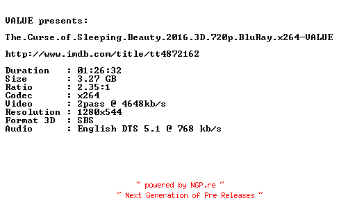 NFO for the release The.Curse.of.Sleeping.Beauty.2016.3D.720p.BluRay.x264-VALUE by VALUE