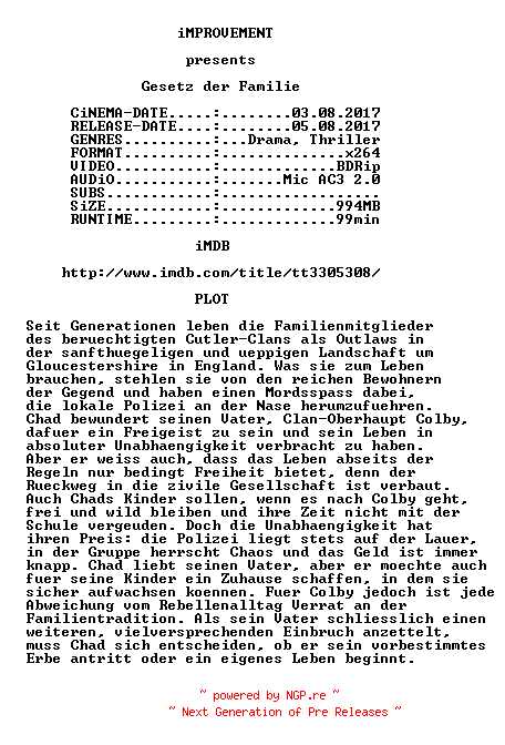NFO for the release Gesetz.der.Familie.BDRip.MD.German.x264-iMPROVEMENT by iMPROVEMENT