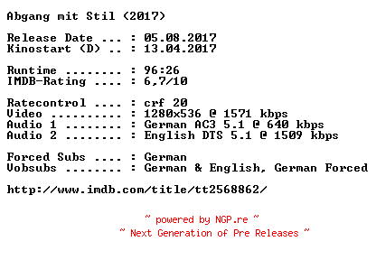 NFO for the release Abgang.mit.Stil.2017.German.DL.720p.BluRay.x264-COiNCiDENCE by COiNCiDENCE