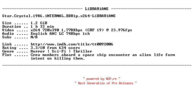 NFO for the release Star.Crystal.1986.iNTERNAL.BDRip.x264-LiBRARiANS by LiBRARiANS