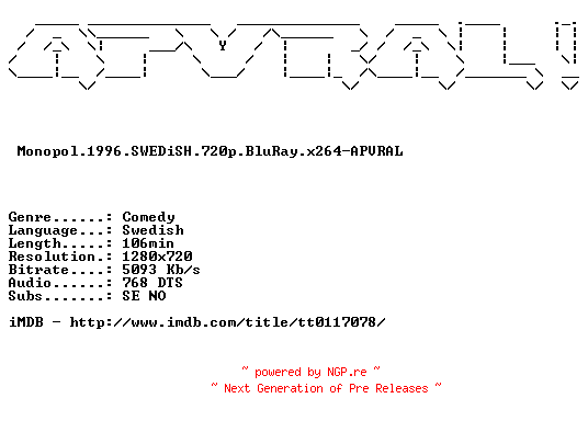 NFO for the release Monopol.1996.SWEDiSH.720p.BluRay.x264-APVRAL by APVRAL