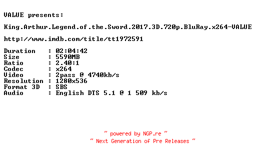 NFO for the release King.Arthur.Legend.of.the.Sword.2017.3D.720p.BluRay.x264-VALUE by VALUE