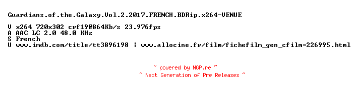 NFO for the release Guardians.of.the.Galaxy.Vol.2.2017.FRENCH.BDRip.x264-VENUE by VENUE