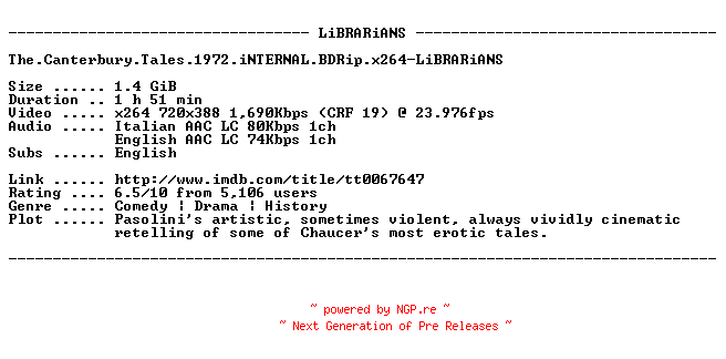 NFO for the release The.Canterbury.Tales.1972.iNTERNAL.BDRip.x264-LiBRARiANS by LiBRARiANS