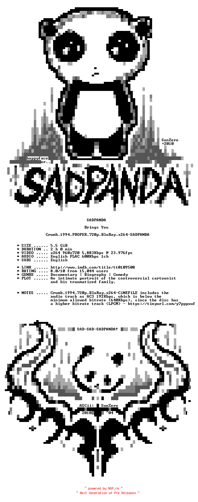 NFO for the release Crumb.1994.PROPER.720p.BluRay.x264-SADPANDA by SADPANDA
