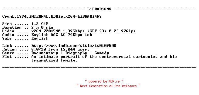 NFO for the release Crumb.1994.iNTERNAL.BDRip.x264-LiBRARiANS by LiBRARiANS