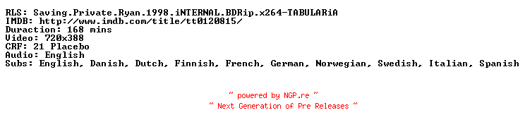 NFO for the release Saving.Private.Ryan.1998.iNTERNAL.BDRip.x264-TABULARiA by TABULARiA