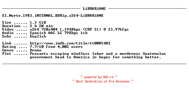 NFO for the release El.Norte.1983.iNTERNAL.BDRip.x264-LiBRARiANS by LiBRARiANS