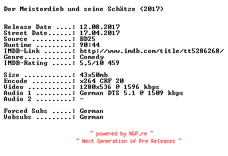 NFO for the release Der.Meisterdieb.und.seine.Schaetze.2017.German.720p.BluRay.x264-SPiCY by SPiCY