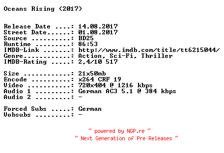 NFO for the release Oceans.Rising.German.2017.AC3.BDRip.x264-SPiCYx2264 by SPiCYx2264