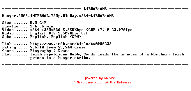 NFO for the release Hunger.2008.iNTERNAL.720p.BluRay.x264-LiBRARiANS by LiBRARiANS