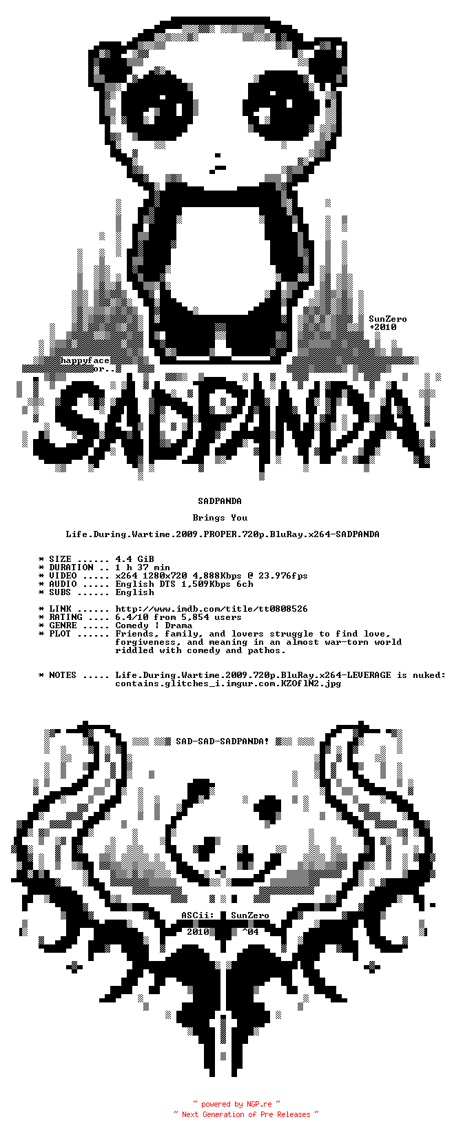 NFO for the release Life.During.Wartime.2009.PROPER.720p.BluRay.x264-SADPANDA by SADPANDA