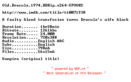 NFO for the release Old.Dracula.1974.BDRip.x264-SPOOKS by SPOOKS