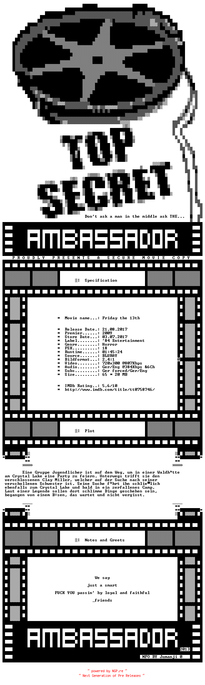 NFO for the release Freitag.der.13.Extended.Killer.Cut.2009.GERMAN.DL.BDRIP.X264-AMBASSADOR by AMBASSADOR