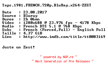 NFO for the release Taps.1981.FRENCH.720p.BluRay.x264-ZEST by ZEST