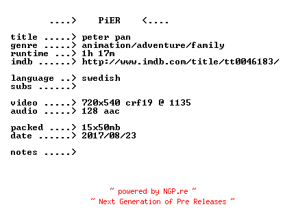 NFO for the release Peter.Pan.1953.SE.iNTERNAL.SWEDiSH.BDRip.x264-PiER by PiER