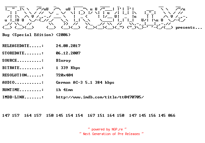 NFO for the release Bug.SE.2006.German.BDRip.x264.iNTERNAL-TVARCHiV by TVARCHiV