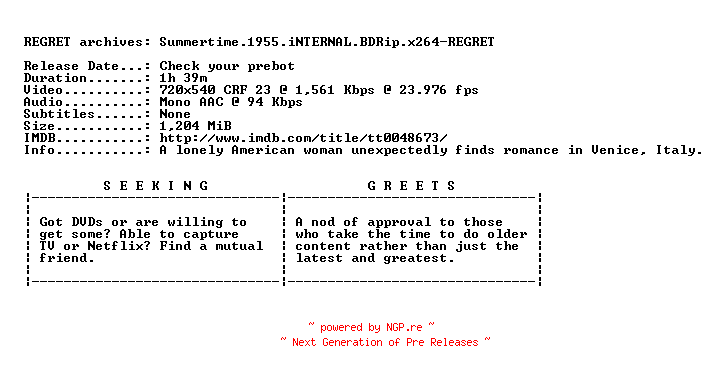 NFO for the release Summertime.1955.iNTERNAL.BDRip.x264-REGRET by REGRET
