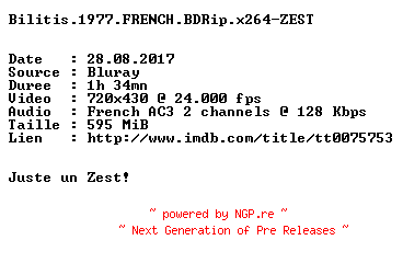 NFO for the release Bilitis.1977.FRENCH.BDRip.x264-ZEST by ZEST