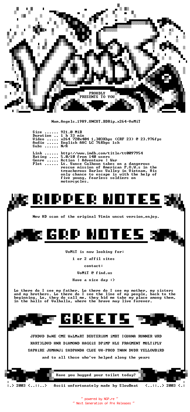 NFO for the release Nam.Angels.1989.UNCUT.BDRip.x264-VoMiT by VoMiT