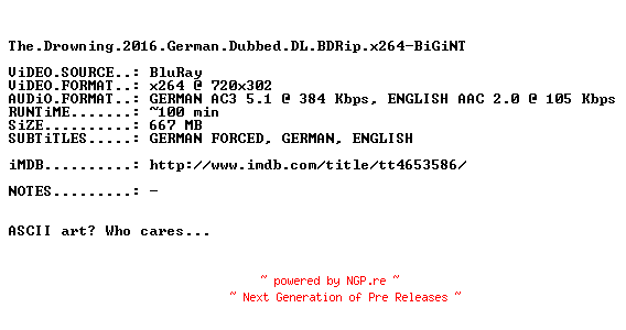 NFO for the release The.Drowning.2016.German.Dubbed.DL.BDRip.x264-BiGiNT by BiGiNT
