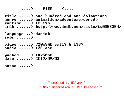 NFO for the release 101.Dalmatians.1961.iNTERNAL.DANiSH.BDRip.x264-PiER by PiER