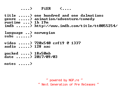 NFO for the release 101.Dalmatians.1961.iNTERNAL.NORWEGiAN.BDRip.x264-PiER by PiER