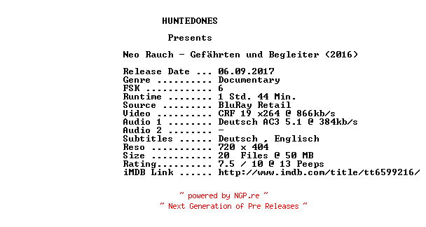 NFO for the release Neo.Rauch.Gefaehrten.und.Begleiter.2016.German.AC3.BDRip.x264-HUNTEDONES by HUNTEDONES