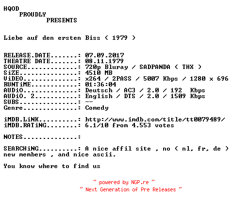 NFO for the release Liebe.auf.den.ersten.Biss.1979.German.AC3D.DL.720p.BluRay.x264-HQOD by HQOD