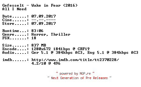 NFO for the release Gefesselt.-.Wake.in.Fear.German.2016.DL.BDRiP.x264-CiNEViSiON by CiNEViSiON