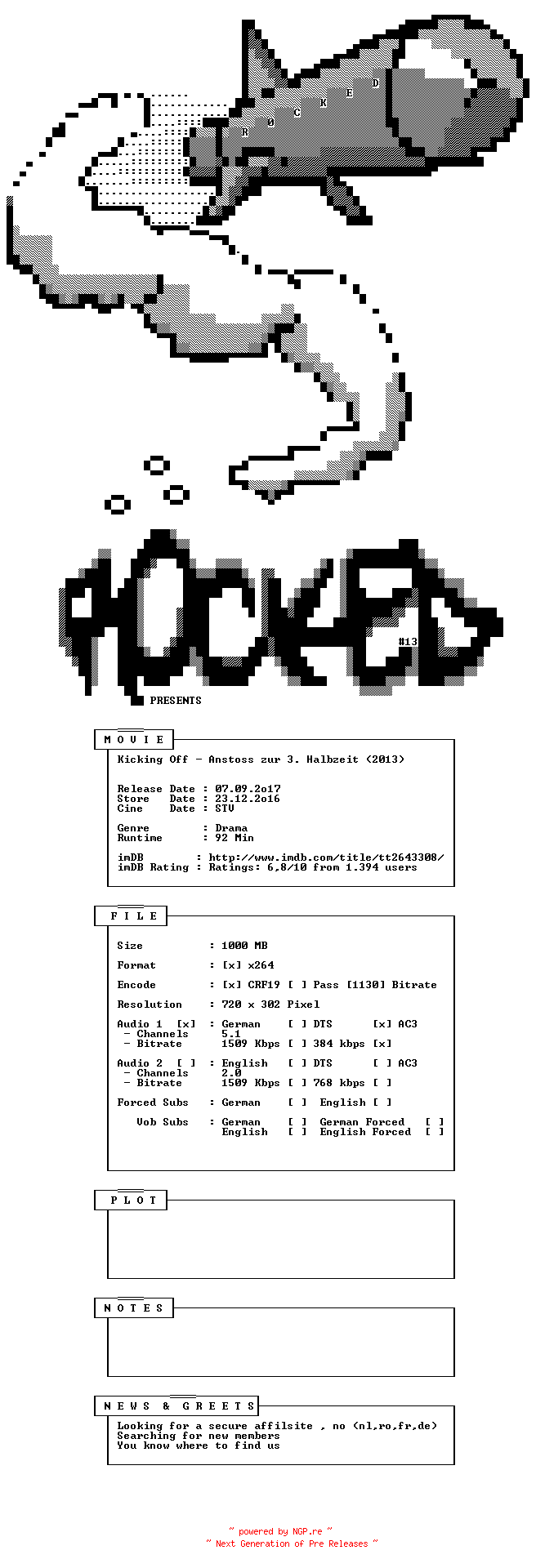 NFO for the release Kicking.Off.-.Anstoss.zur.3.Halbzeit.German.2013.BDRiP.x264-R0CKED by R0CKED