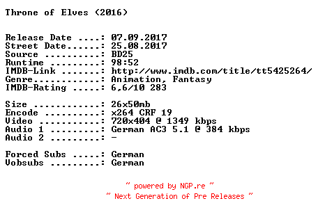 NFO for the release Throne.of.Elves.Die.Chroniken.von.Altera.German.2016.AC3.BDRip.x264-SPiCY by SPiCY