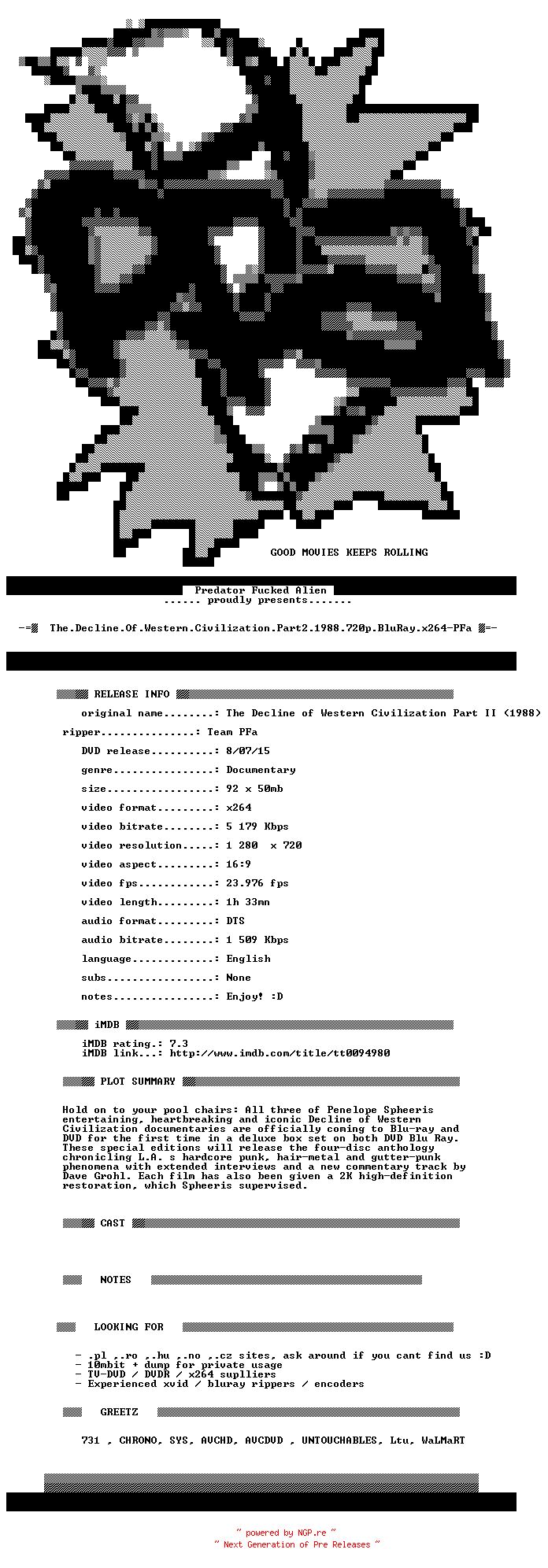 NFO for the release The.Decline.Of.Western.Civilization.Part2.1988.720p.BluRay.x264-PFa by PFa