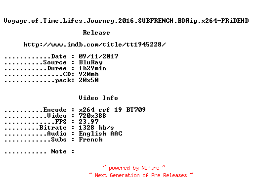 NFO for the release Voyage.of.Time.Lifes.Journey.2016.SUBFRENCH.BDRip.x264-PRiDEHD by PRiDEHD