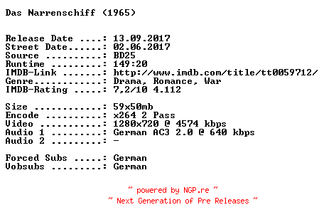 NFO for the release Das.Narrenschiff.1965.German.720p.BluRay.x264-SPiCY by SPiCY
