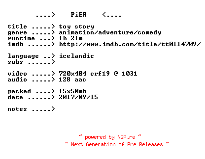 NFO for the release Toy.Story.1995.iCELANDiC.BDRip.x264-PiER by PiER