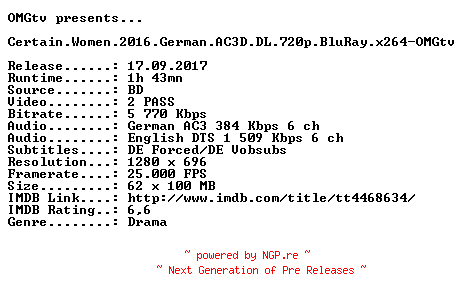 NFO for the release Certain.Women.2016.German.AC3D.DL.720p.BluRay.x264-OMGtv by OMGtv